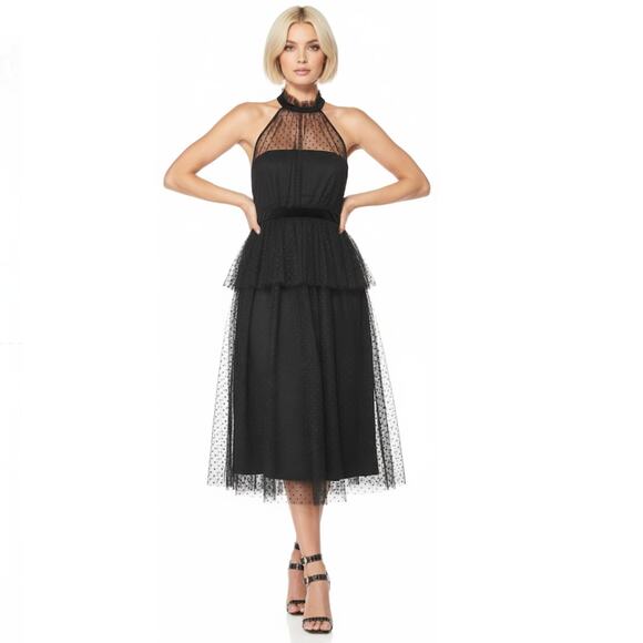 Avec Les Filles Tiered Tulle Halter Midi Dress 2 Black NWT - Picture 1 of 9